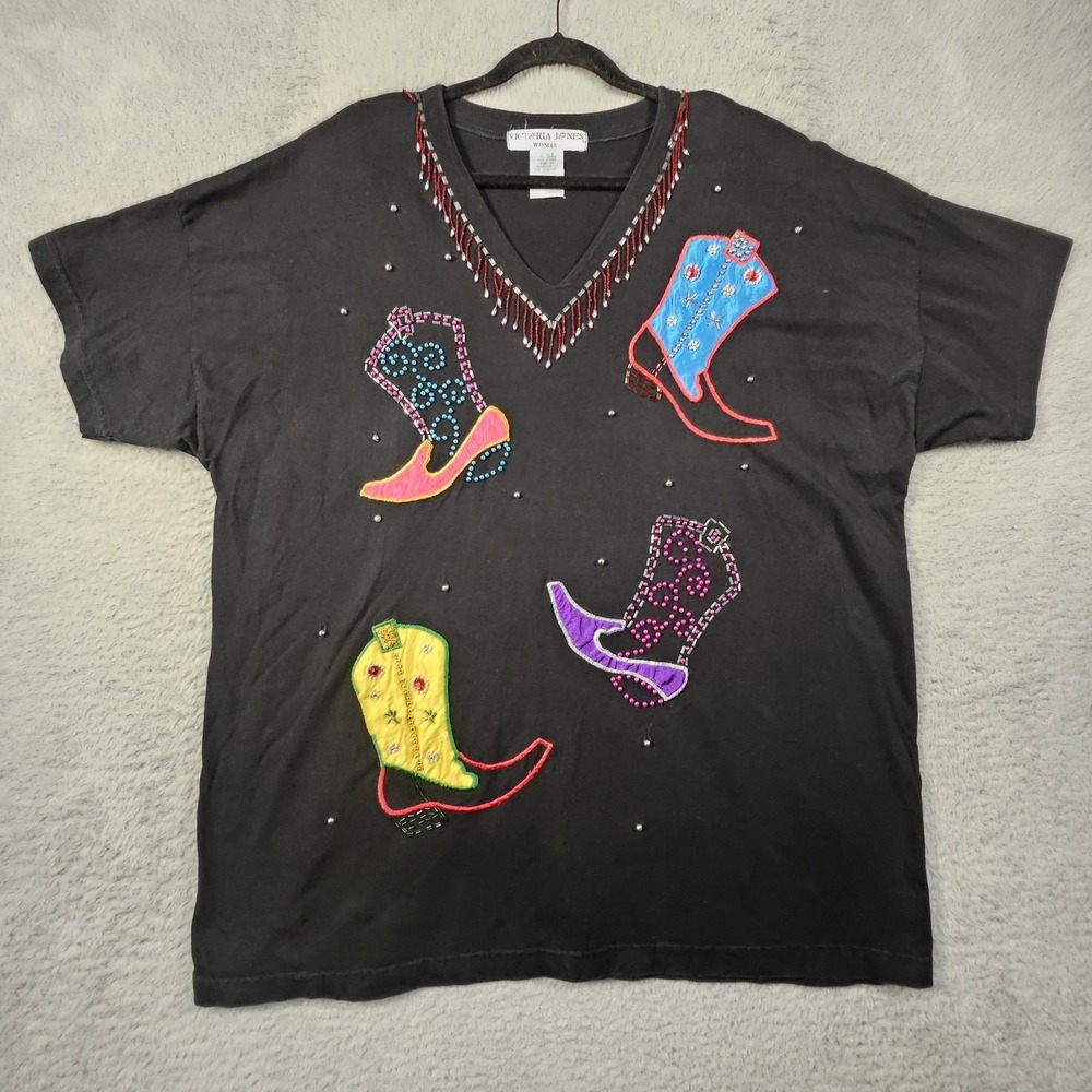 Vtg Victoria Jones Western T Shirt Womens 3X Beaded Cowboy Boots Rodeo Festival